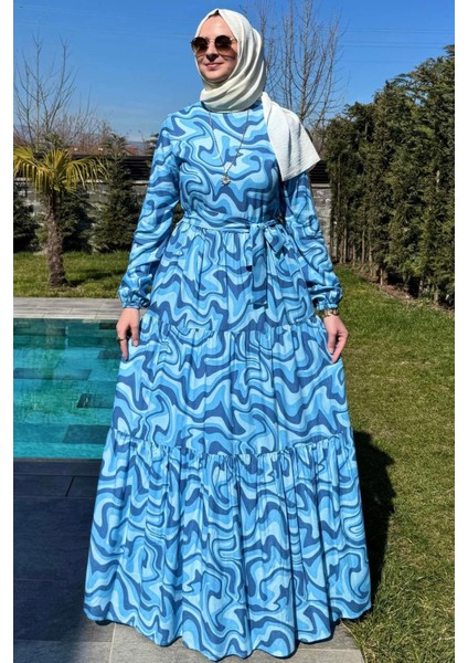 Su Desenli Elbise Mavi