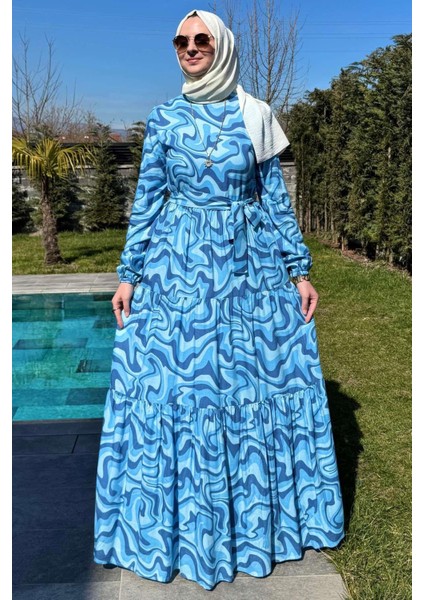 Su Desenli Elbise Mavi