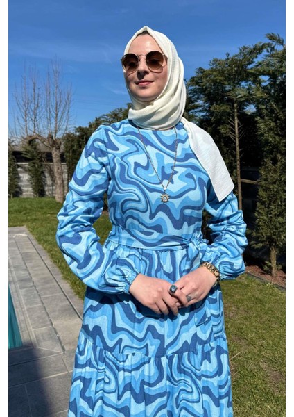 Su Desenli Elbise Mavi