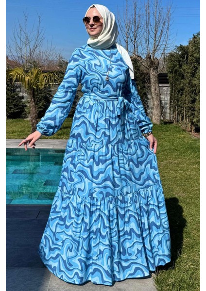 Su Desenli Elbise Mavi