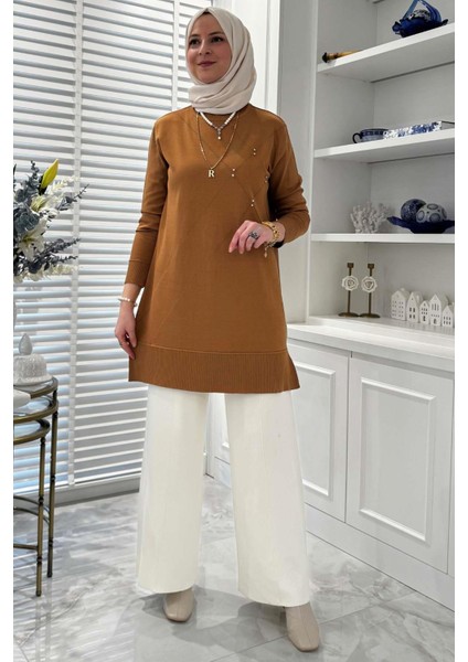 Gonca Taşlı Triko Tunik Camel