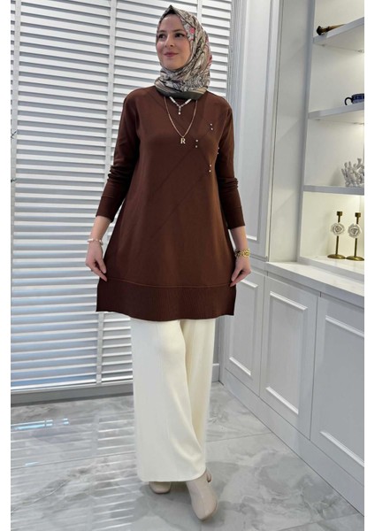 Gonca Taşlı Triko Tunik Kahve
