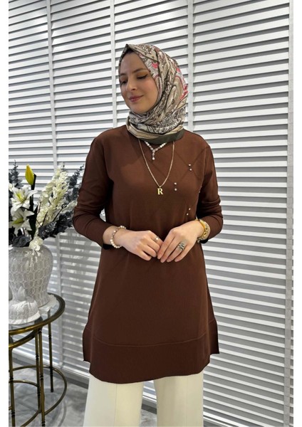 Gonca Taşlı Triko Tunik Kahve
