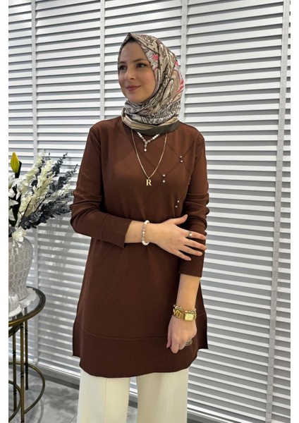 Gonca Taşlı Triko Tunik Kahve