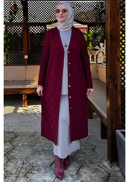 Dama Desenli Triko Hırka Bordo