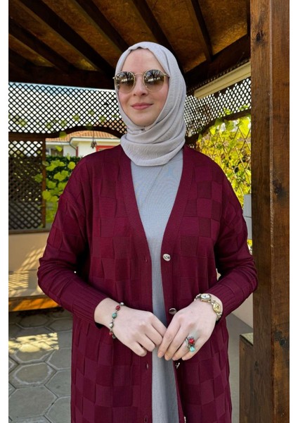 Dama Desenli Triko Hırka Bordo