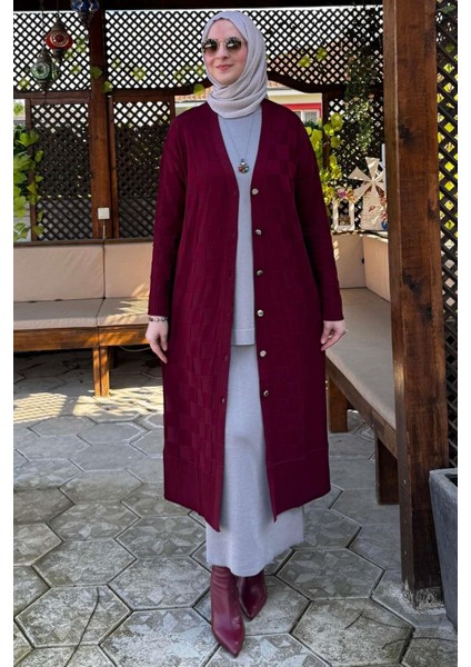 Dama Desenli Triko Hırka Bordo