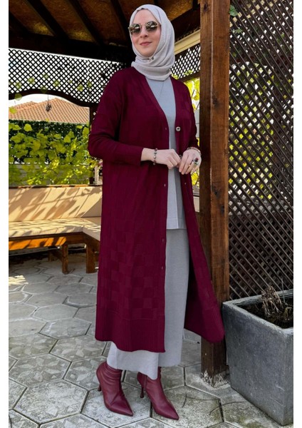 Dama Desenli Triko Hırka Bordo