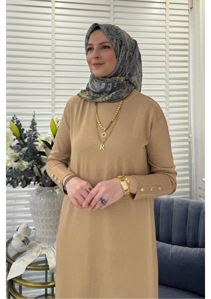 Isra Triko Elbise Bej