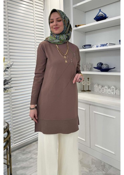 Gonca Taşlı Triko Tunik Sütlü Kahve