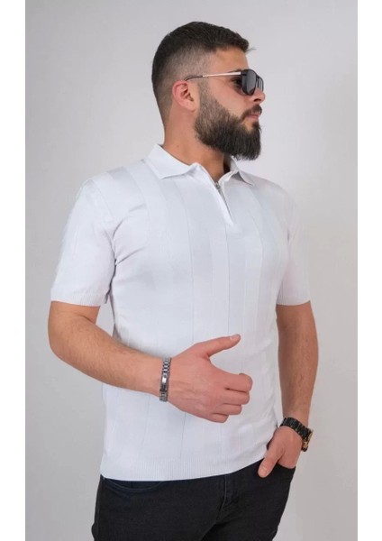 Triko Dokuma Yarım Fermuarlı Yakalı T-Shirt - Beyaz