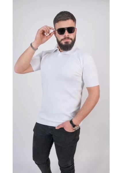 Triko Dokuma Yakalı T-Shirt - Beyaz