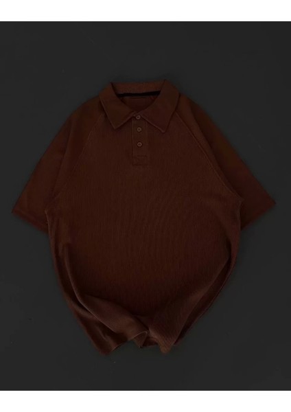 Yakalı Patlı Kısa Kol T-Shirt - Kahverengi