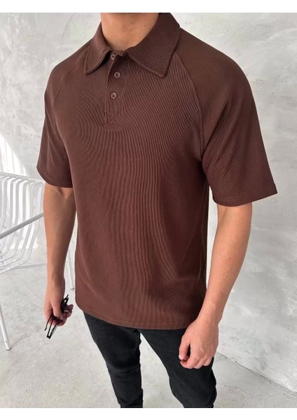 Yakalı Patlı Kısa Kol T-Shirt - Kahverengi