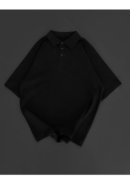 Yakalı Patlı Kısa Kol T-Shirt - Siyah