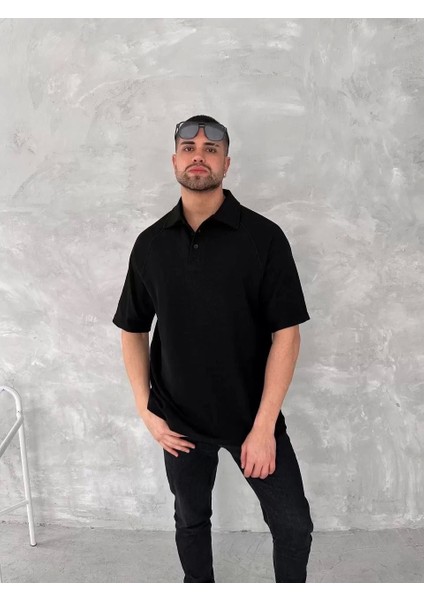 Yakalı Patlı Kısa Kol T-Shirt - Siyah
