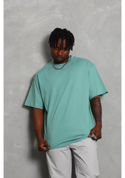 Oversize Düz Bisiklet Yaka T-Shirt - Mint Yeşili
