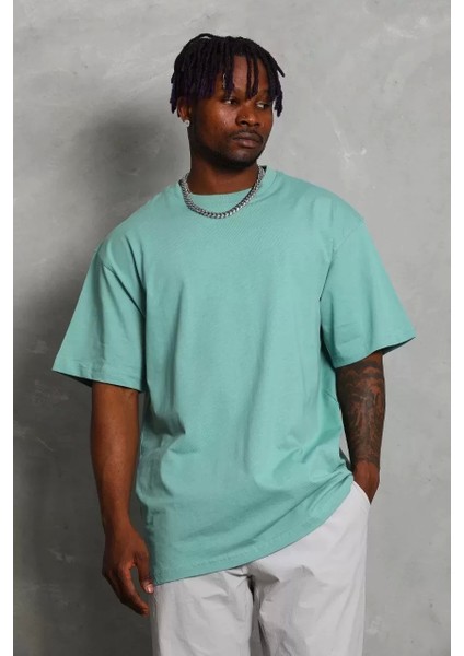 Oversize Düz Bisiklet Yaka T-Shirt - Mint Yeşili