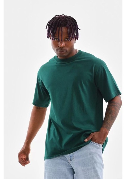 Oversize Düz Bisiklet Yaka T-Shirt - Koyu Yeşili
