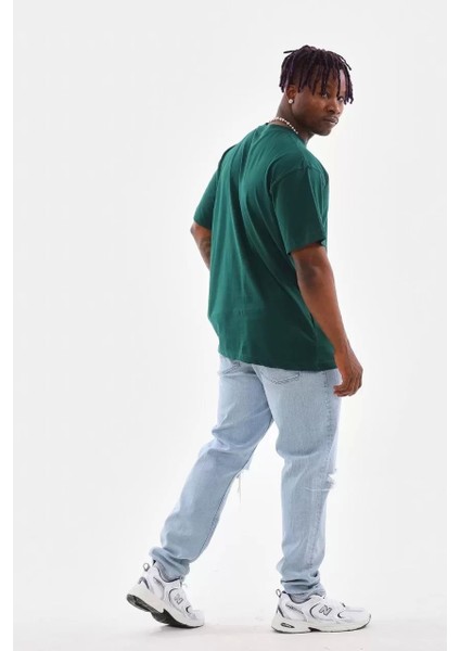 Oversize Düz Bisiklet Yaka T-Shirt - Koyu Yeşili