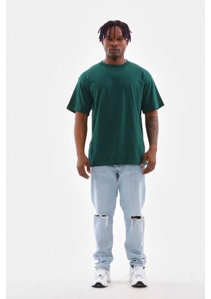 Oversize Düz Bisiklet Yaka T-Shirt - Koyu Yeşili