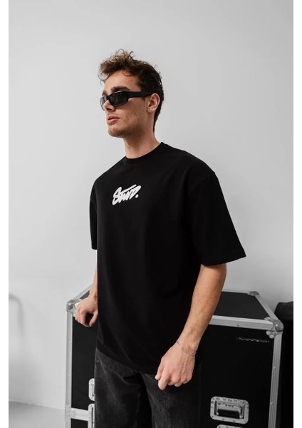Erkek Baskılı Oversize T-Shirt - Siyah
