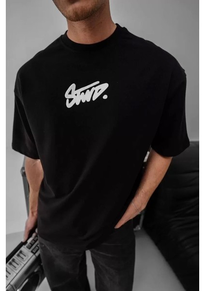 Erkek Baskılı Oversize T-Shirt - Siyah