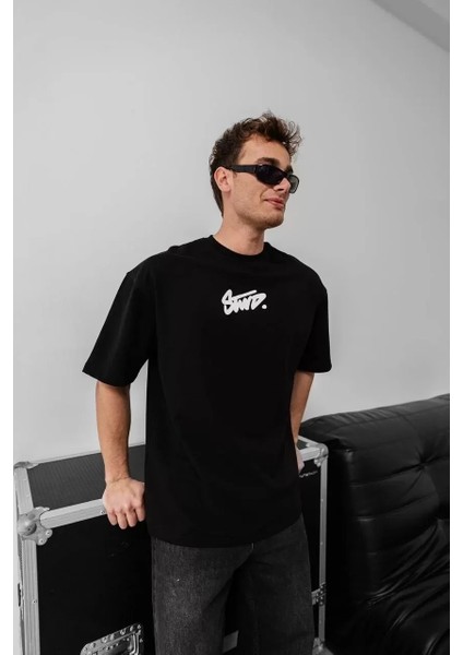 Erkek Baskılı Oversize T-Shirt - Siyah