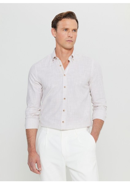 Slim Fit Düğmeli Yaka Bej Erkek Gömlek ACE020252168_BEJ