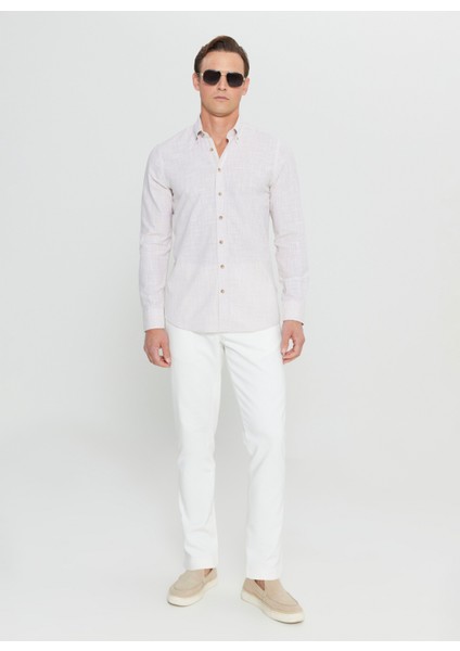 Slim Fit Düğmeli Yaka Bej Erkek Gömlek ACE020252168_BEJ