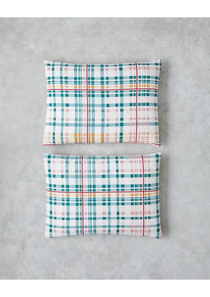 Geo Plaid Pamuklu 2'li Yastık Kılıfı 50X70 cm Yeşil-Pembe