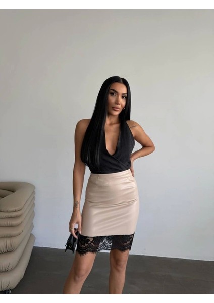 Kadın Yüksek Bel Etek Ucu Dantel Güpür Detay Mini Deri Etek modelleri