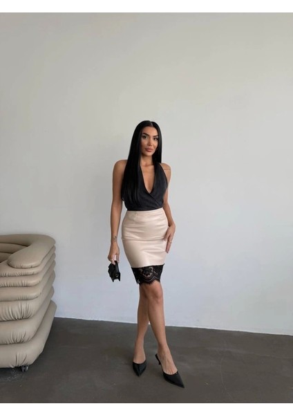 Kadın Yüksek Bel Etek Ucu Dantel Güpür Detay Mini Deri Etek fırsatları