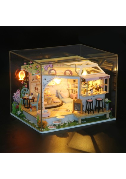 Kendin Yap Minyatür Kedi Temalı Kafe – LED Işıklı Ahşap Maket Ev | Kendin Yap DIY Hobi Seti | Tozluk Korumalı El Yapımı 3D Puzzle modelleri