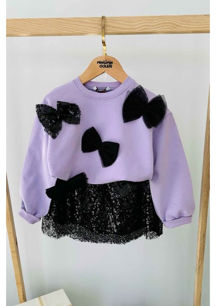 Payet Etekli Fiyonk Desenli Kız Çocuk 2 li takım - Lila