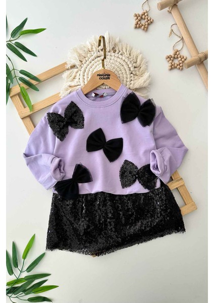 Payet Etekli Fiyonk Desenli Kız Çocuk 2 li takım - Lila fiyatları