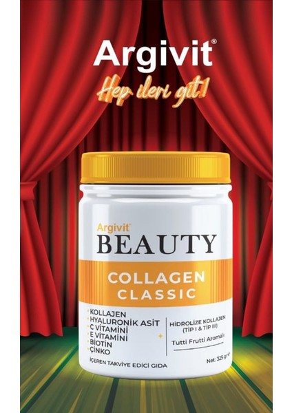 Beauty Collagen Classic Takviye Edici Gıda (Kolajen, Hyaluronik Asit, Vitamin C, Vitamin E, Biotin, Çinko, Kavun, Üzüm, Kara Mürver) 325 gr