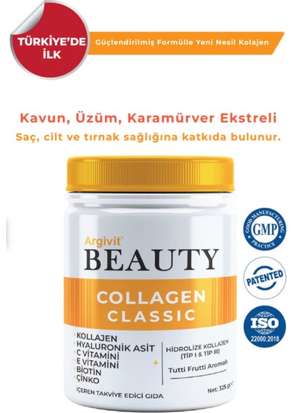 Beauty Collagen Classic Takviye Edici Gıda (Kolajen, Hyaluronik Asit, Vitamin C, Vitamin E, Biotin, Çinko, Kavun, Üzüm, Kara Mürver) 325 gr