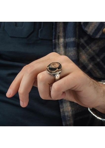 Hasbiyallah Yazılı Sıkma Kehribar Taşlı 925 Gümüş Erkek Yüzük fiyatları
