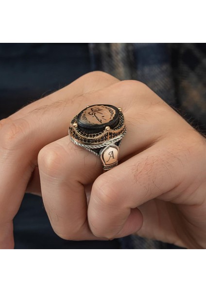 Hasbiyallah Yazılı Sıkma Kehribar Taşlı 925 Gümüş Erkek Yüzük modelleri