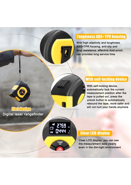 USB Şarj Edilebilir 2'li 1 Arada Lazer Metre LCD Ekranlı Mesafe Ölçer (Yurt Dışından)