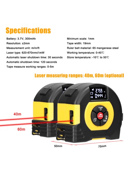 USB Şarj Edilebilir 2'li 1 Arada Lazer Metre LCD Ekranlı Mesafe Ölçer (Yurt Dışından)