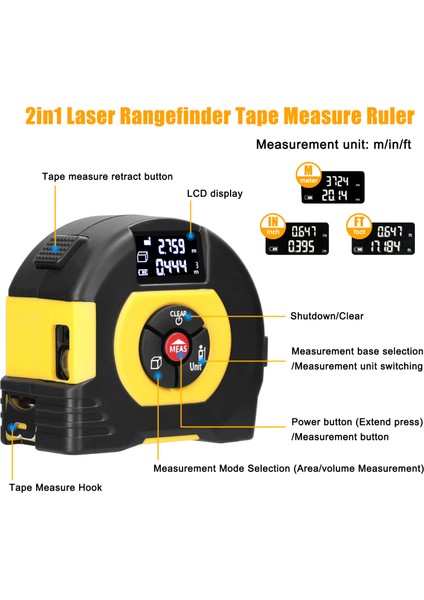 2'si 1 Arada Lazer Şerit Metre USB Şarj Edilebilir LCD Dijital Ölçüm Cihazı (Yurt Dışından) fırsatları