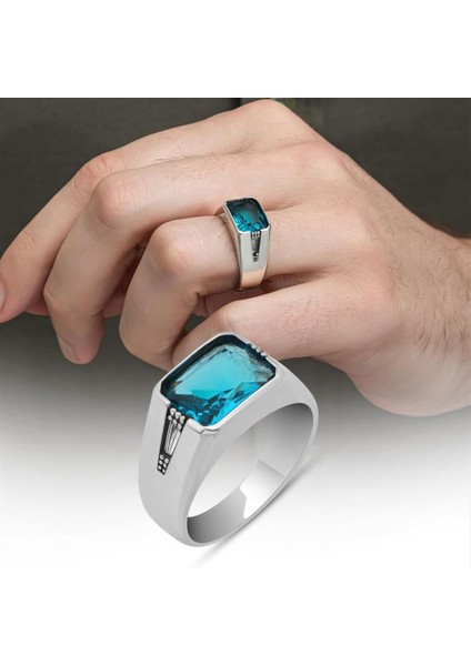 Aqua Mavi Taşlı 925 Gümüş Erkek Yüzük