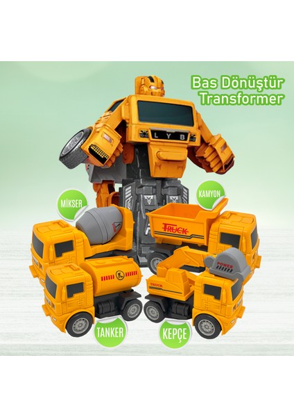 Robota Dönüşebilen Çek Bırak Oyuncak Iş Makineleri / Inşaat Araçları 4 Adet