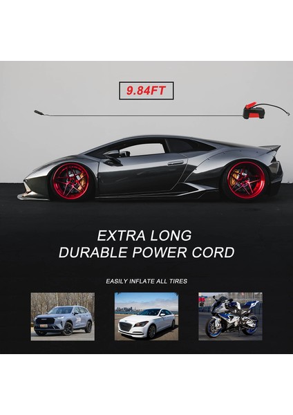 150PSI Dijital Araç Lastik Şişirme Makinesi Taşınabilir Kompresör Siyah Kırmızı (Yurt Dışından)