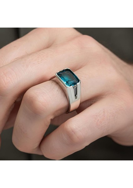 Aqua Mavi Taşlı 925 Gümüş Erkek Yüzük modelleri