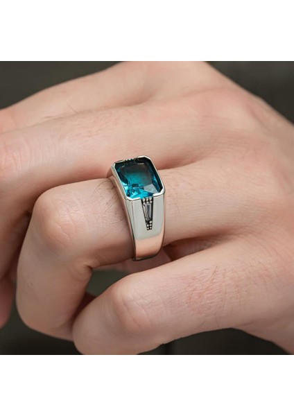 Aqua Mavi Taşlı 925 Gümüş Erkek Yüzük fırsatları
