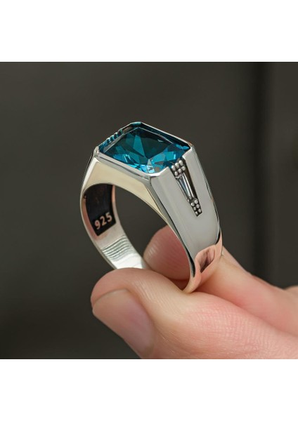 Aqua Mavi Taşlı 925 Gümüş Erkek Yüzük indirimleri