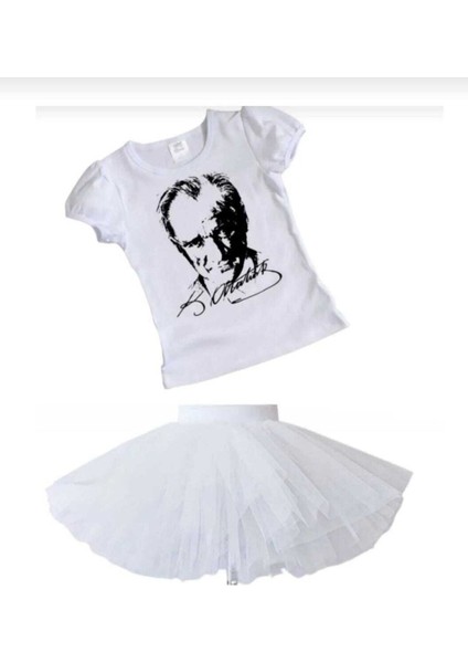 Kız Çocuk 23 Nisan 29 Ekim Gösteri Kıyafeti Tişört Atatürk Baskılı-Tütü Etek